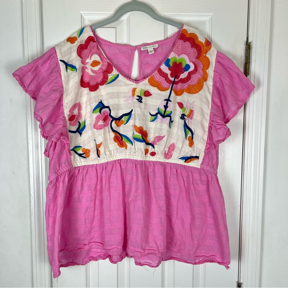 Cato Boho Floral Embroidered Ruffle Sleeve Babydoll Blouse Top